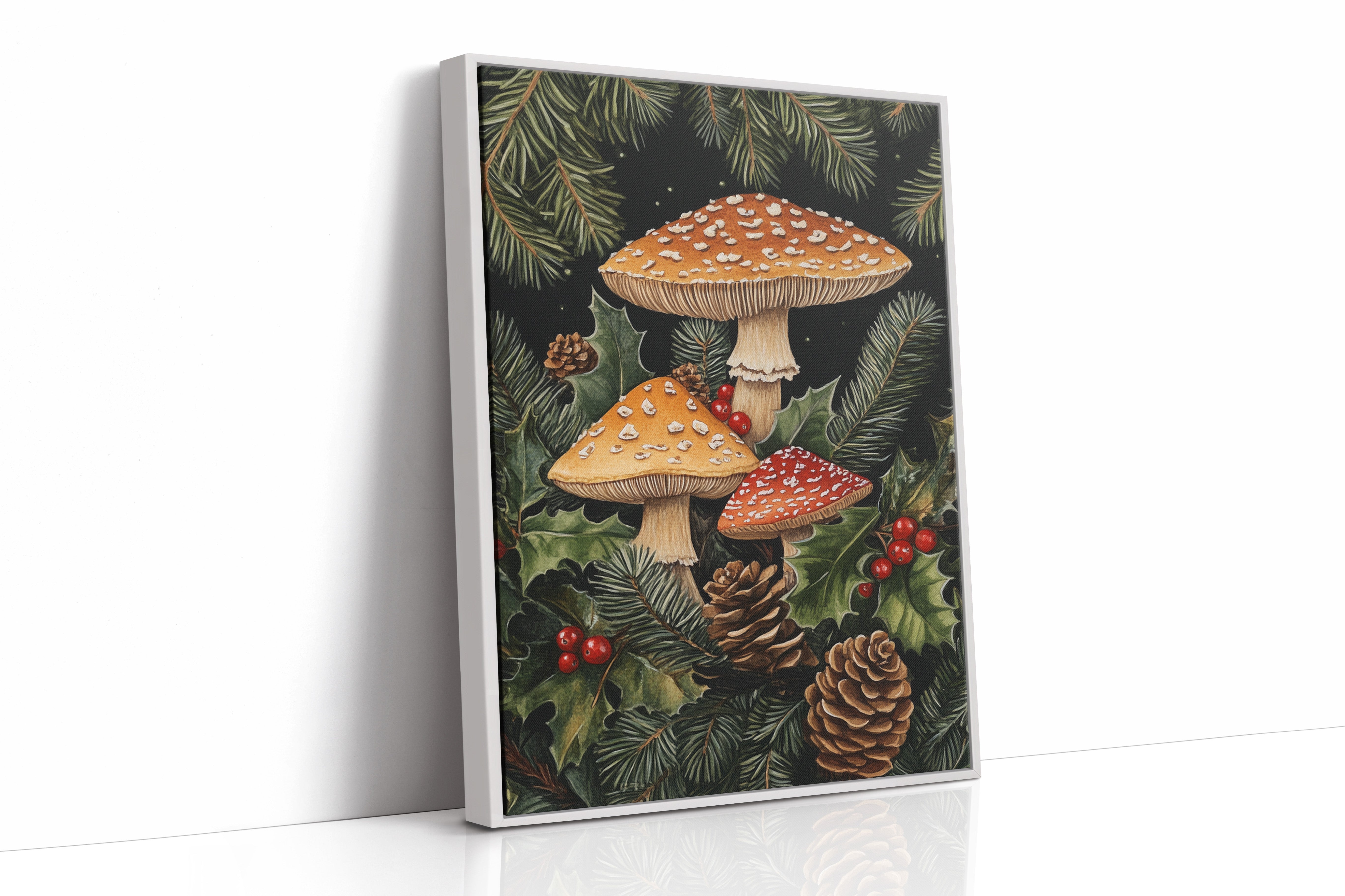 Enchanted Mushroom Forest Print - Woodland Holiday Decor - White Framed Canvas image 1
