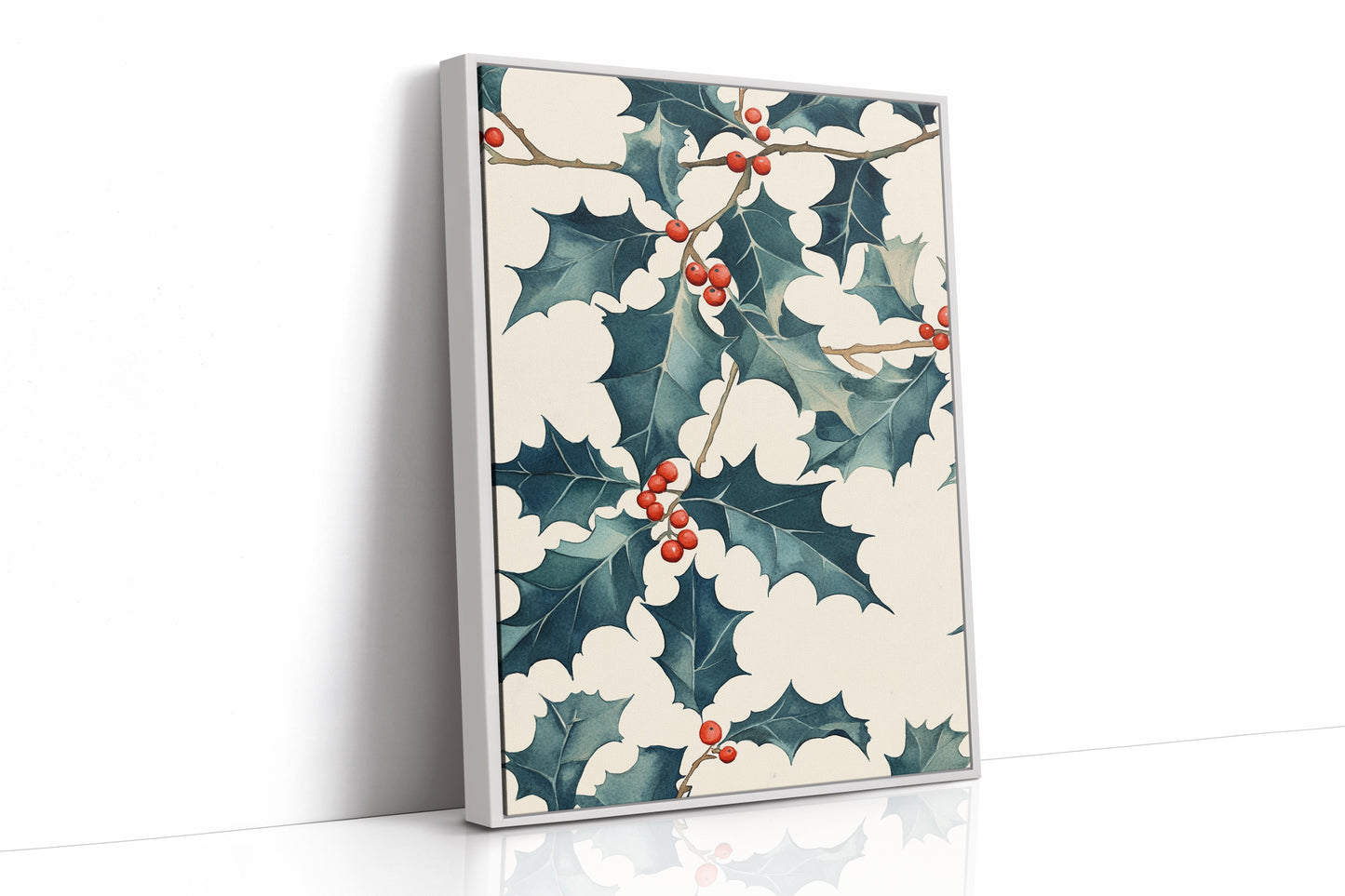 Festive Holly Berry Print - Botanical Holiday Decor - White Framed Canvas image 1