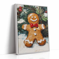 Gingerbread Man Oil Painting - Festive Holiday Art - White Framed Canvas image 1