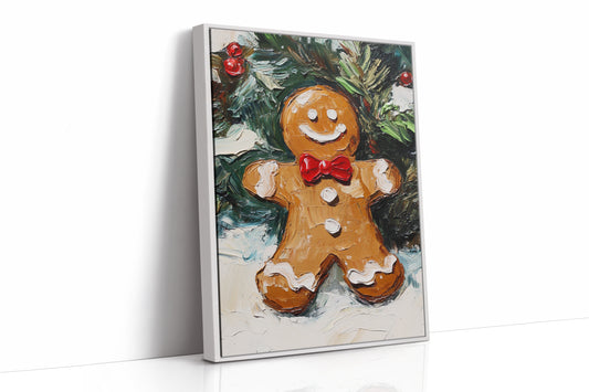 Gingerbread Man Oil Painting - Festive Holiday Art - White Framed Canvas image 1