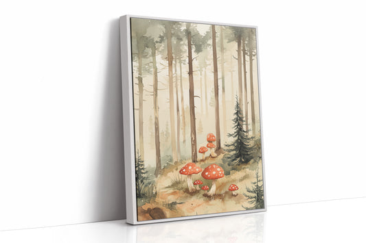 Enchanted Forest Mushroom Print - Whimsical Nature Art - White Framed Canvas image 1
