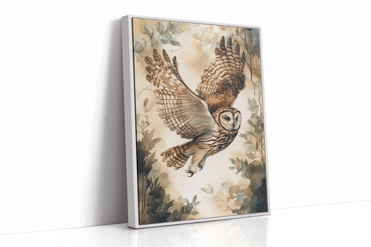 Majestic Owl Watercolor Print - Nature Wildlife Art - White Framed Canvas image 1