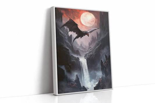 Dragon Over Moonlit Canyon - Fantasy Wall Art - White Framed Canvas image 1