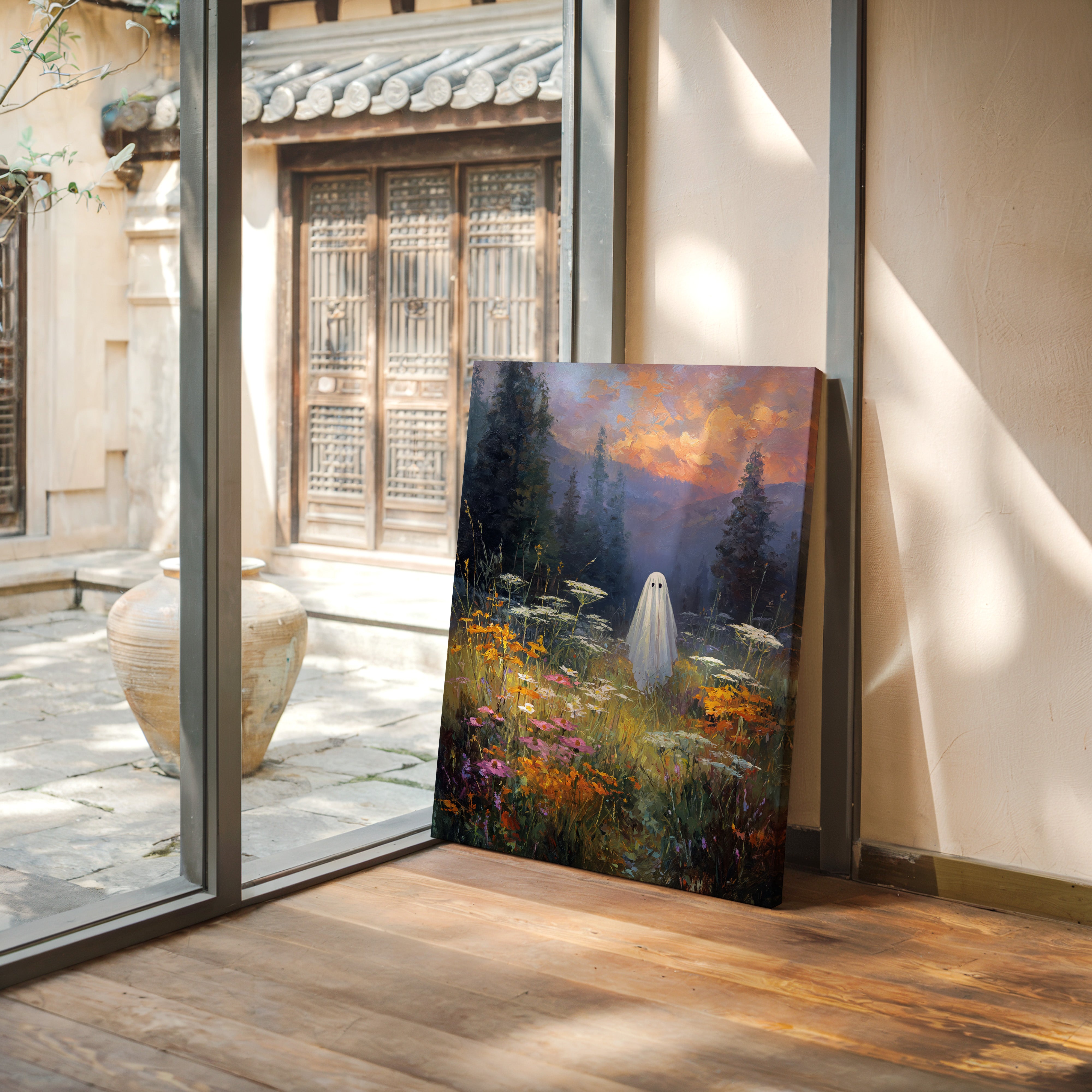 Ghostly Meadow Landscape Canvas - Whimsical Nature Art - Gallery Canvas image 1