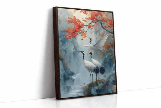 Cranes Dance Below Maple Fire