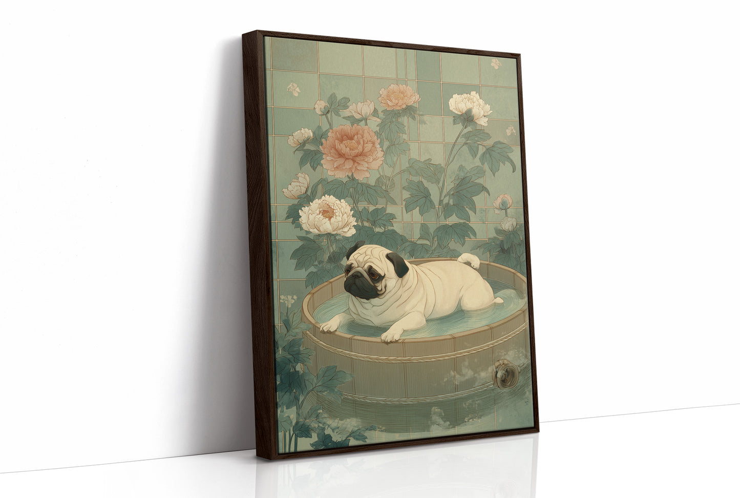 Pug's Peaceful Bath Among Peonies
