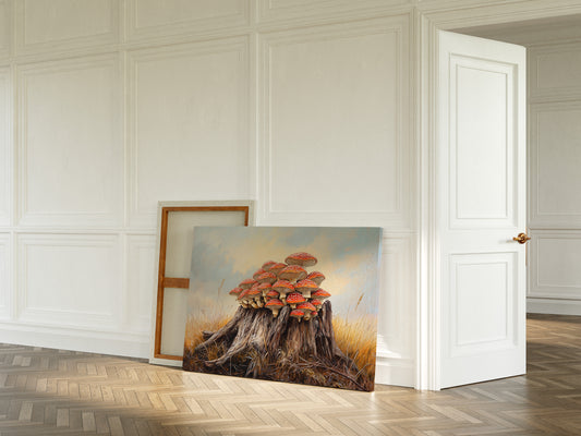 Red Mushrooms Crown Ancient Stump
