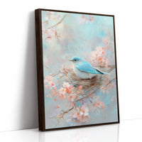 Blue Bird Rests Among Cherry Blossoms