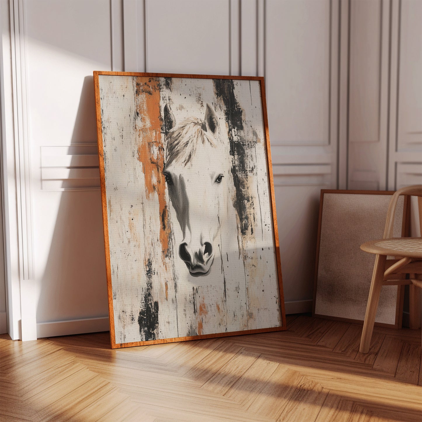 White Horse Against Rustic Planks