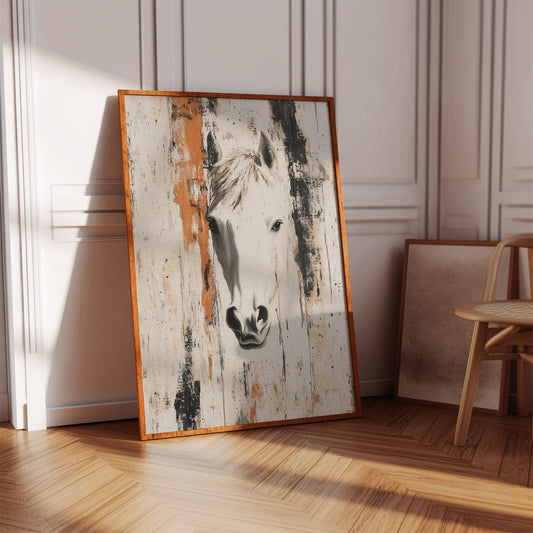 White Horse Against Rustic Planks