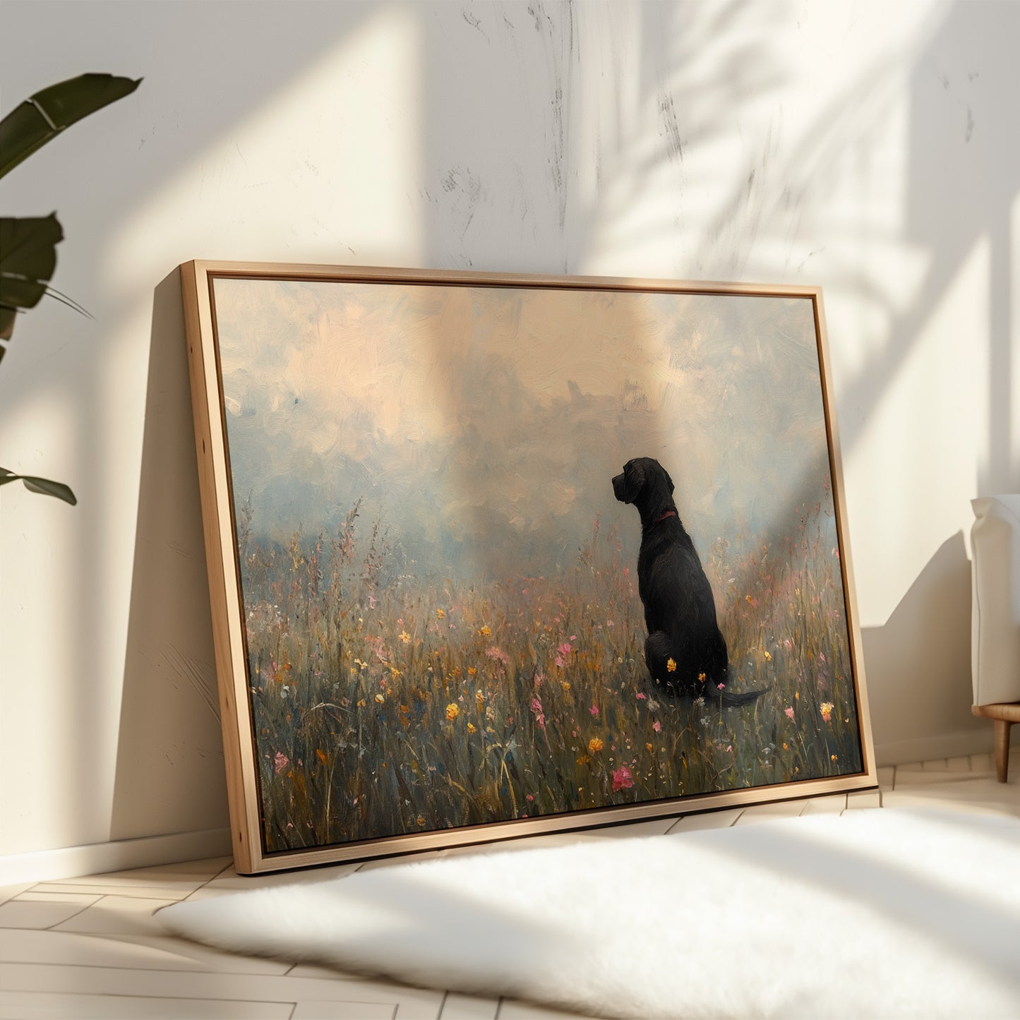 Serene Black Lab in Wildflowers – Rustic Dog Art Print