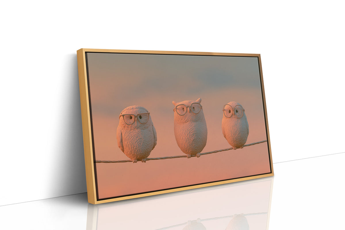 Bespectacled Owls on a Wire