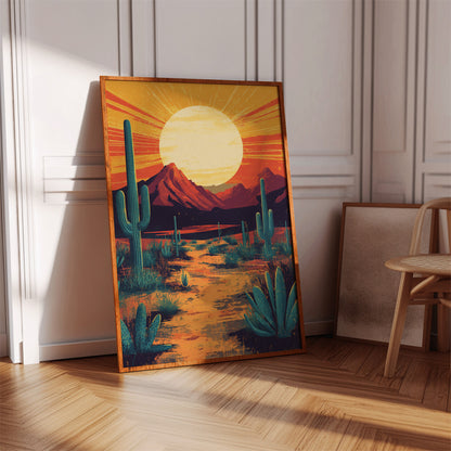 Golden Desert Sunset – Southwestern Cactus Wall Art