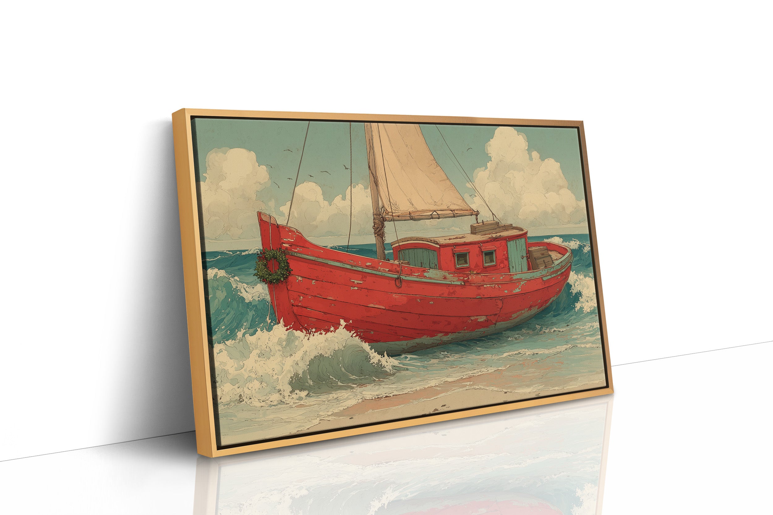Weathered Red Boat with Wreath