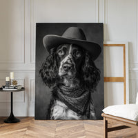 Canvas print of a dog wearing a hat in a room with a chair and small table.