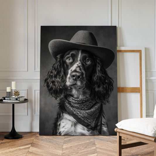 Canvas print of a dog wearing a hat in a room with a chair and small table.