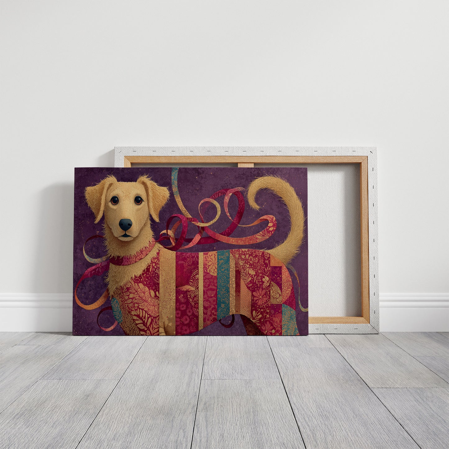 Golden Puppy in Patchwork Ribbons