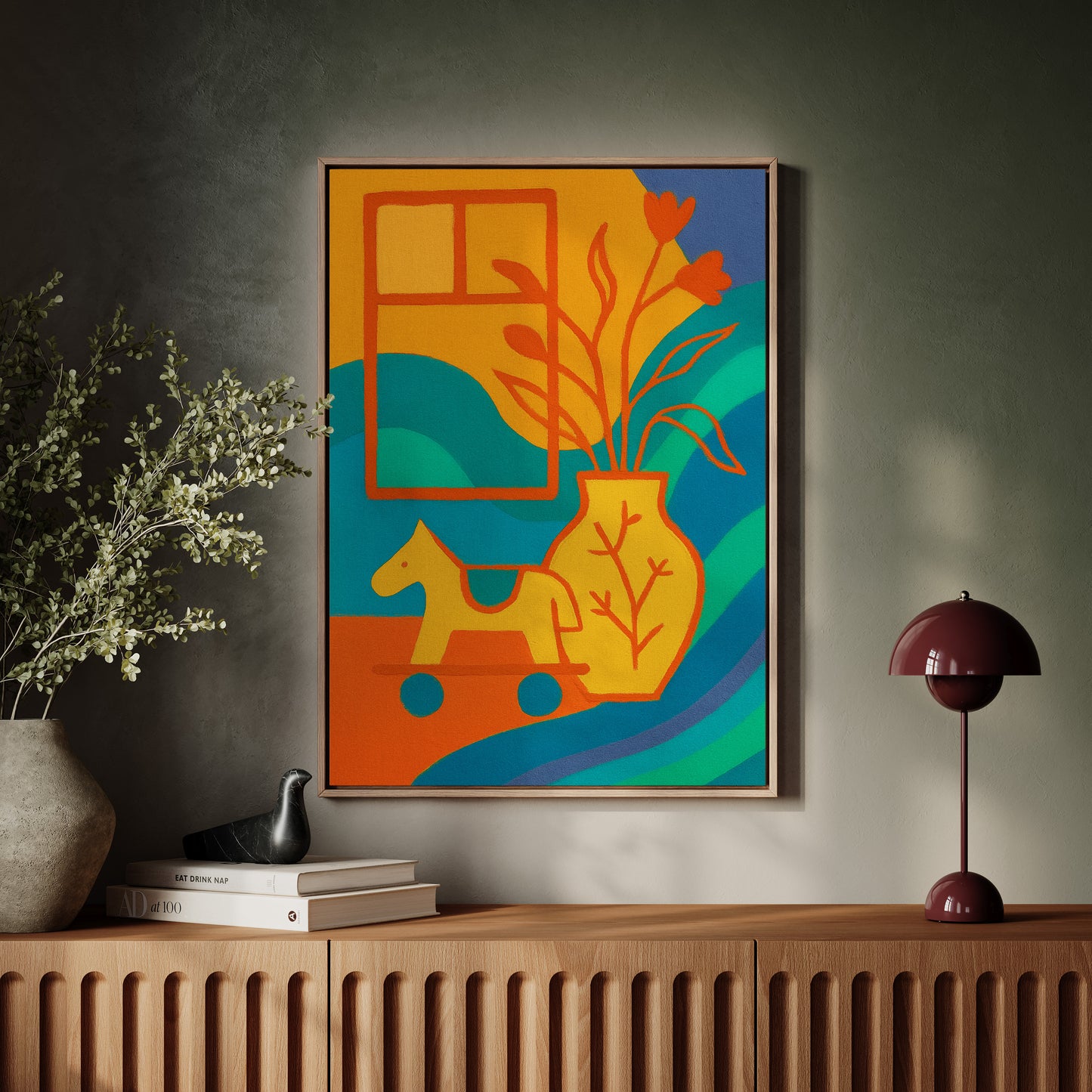 Wooden Horse Meets Morning Tulips