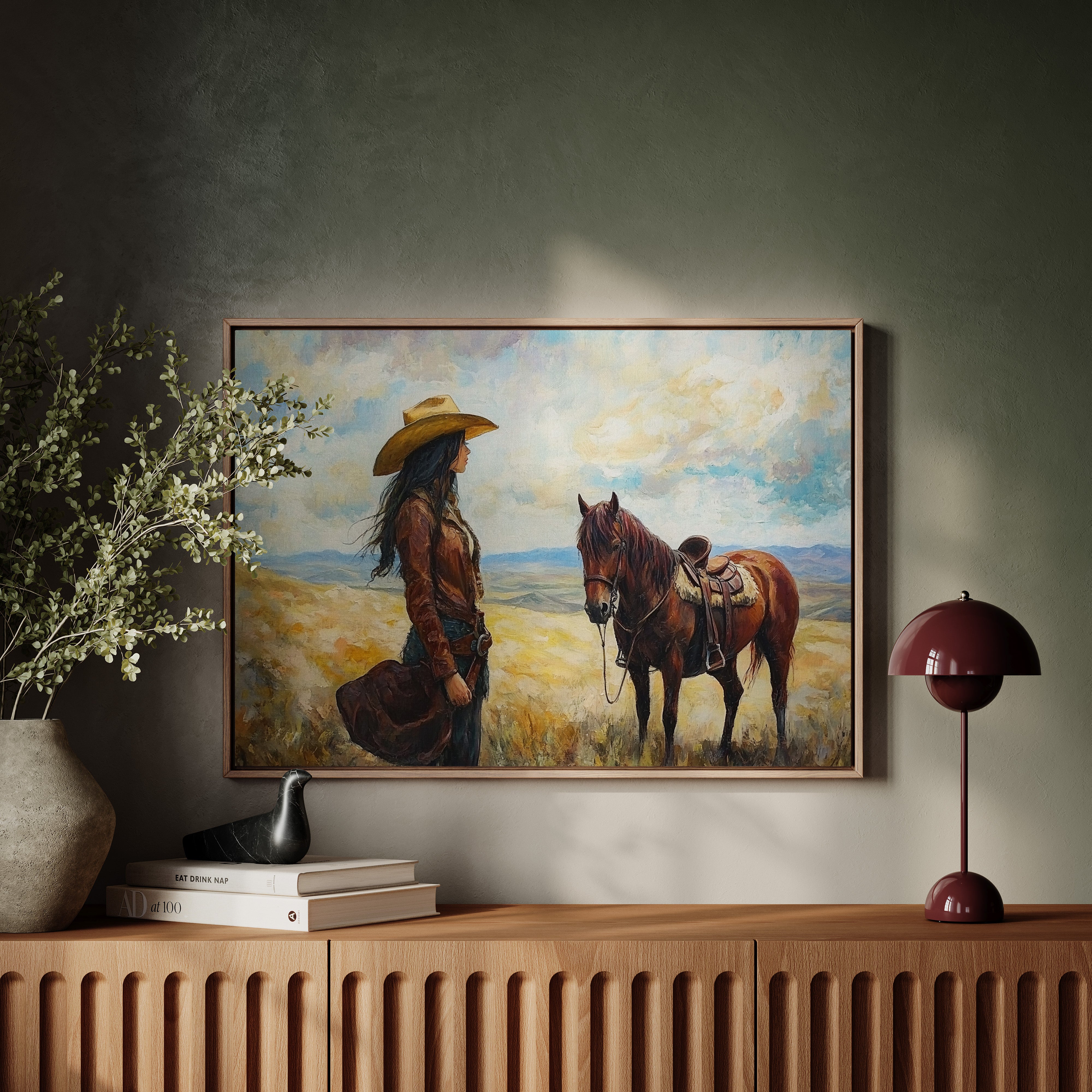 Cowgirl and Her Mustang on the Open Range