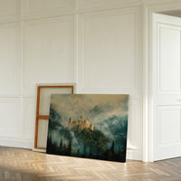 Misty Mountain Castle: Ethereal Fantasy Landscape Canvas Wall Art