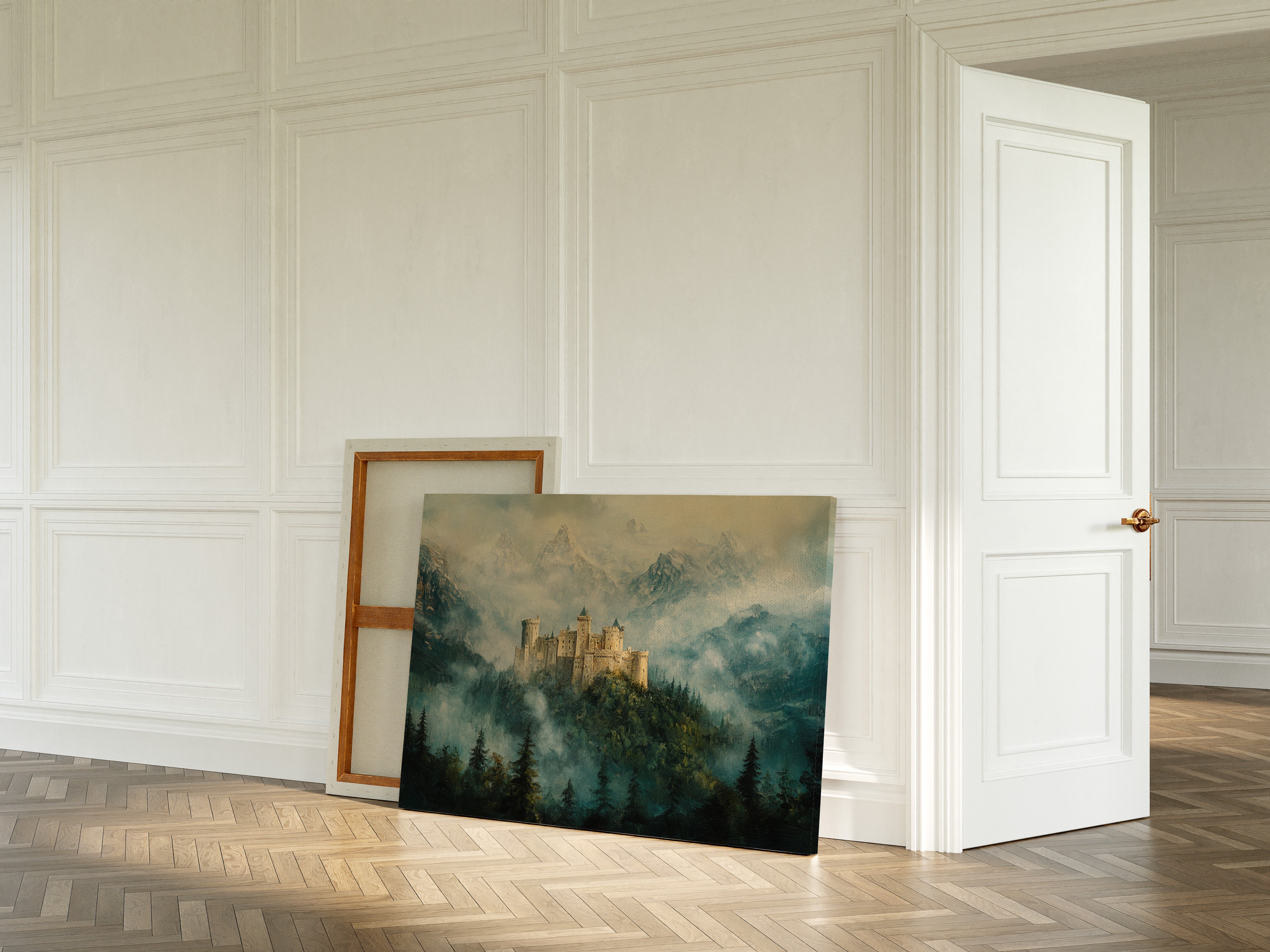 Misty Mountain Castle: Ethereal Fantasy Landscape Canvas Wall Art