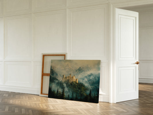 Misty Mountain Castle: Ethereal Fantasy Landscape Canvas Wall Art