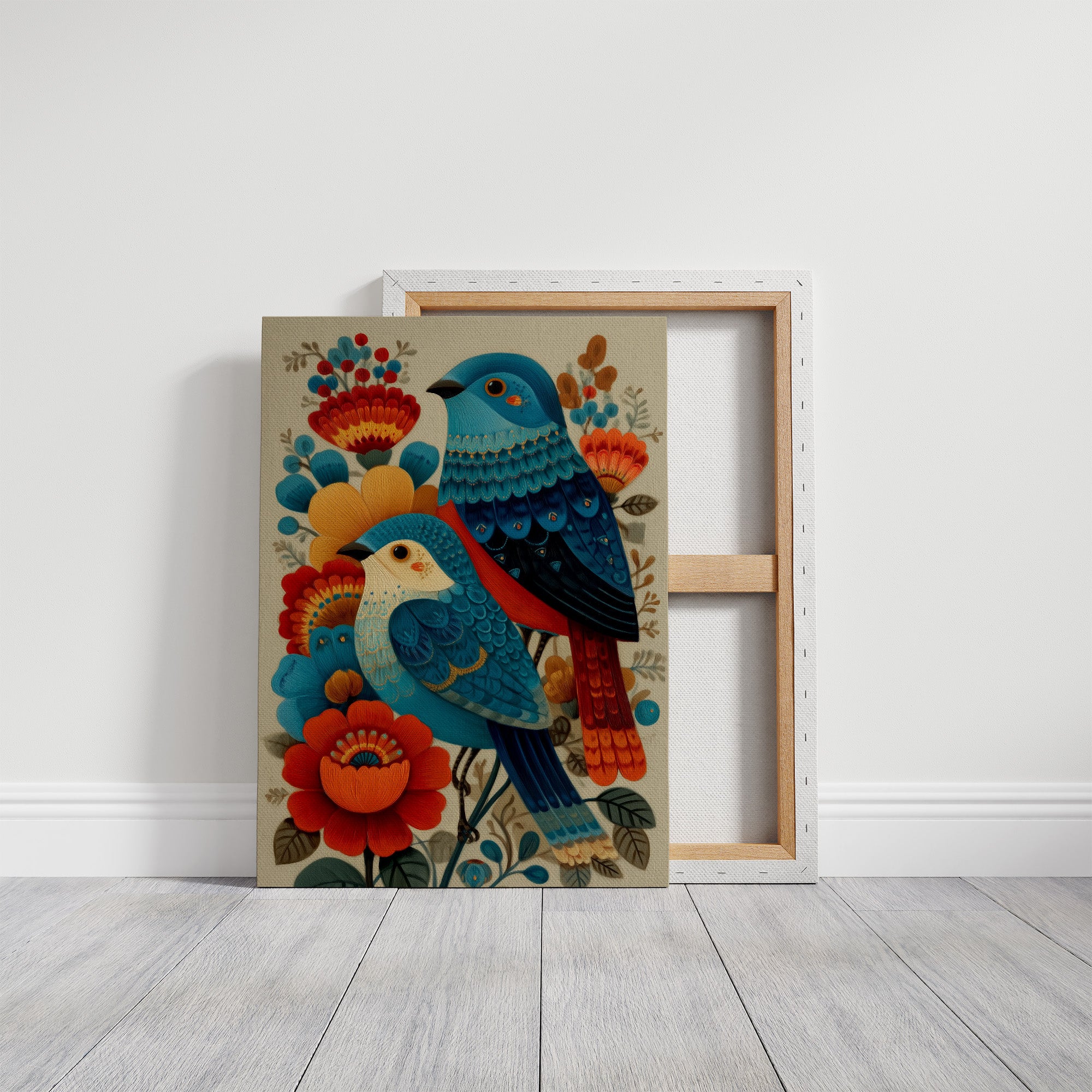 Blue Bird Sings Among Coral Blooms