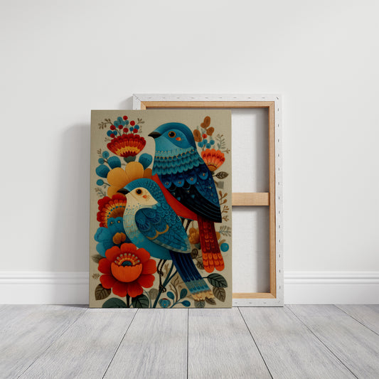 Blue Bird Sings Among Coral Blooms
