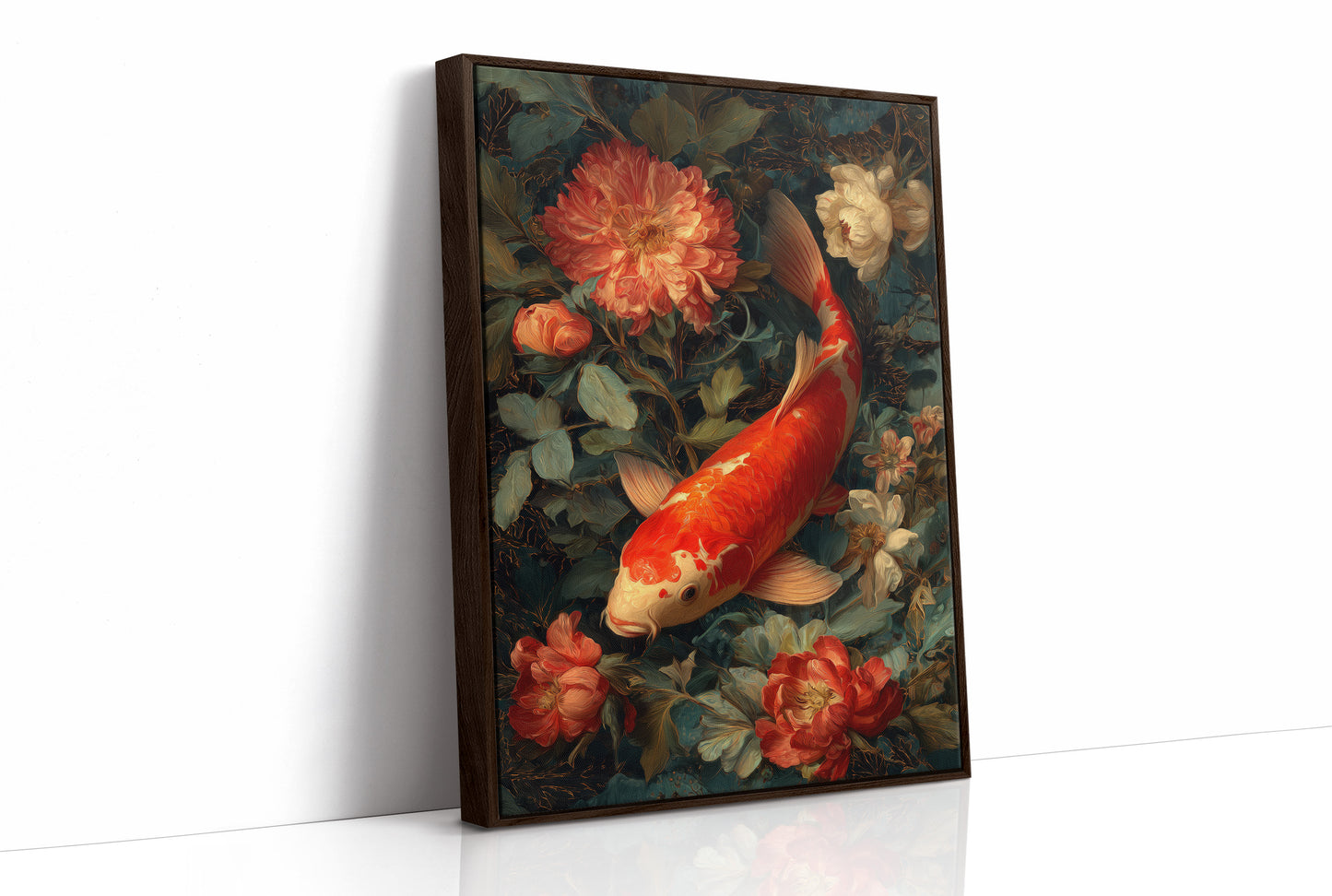 Scarlet Fins Among Coral Peonies
