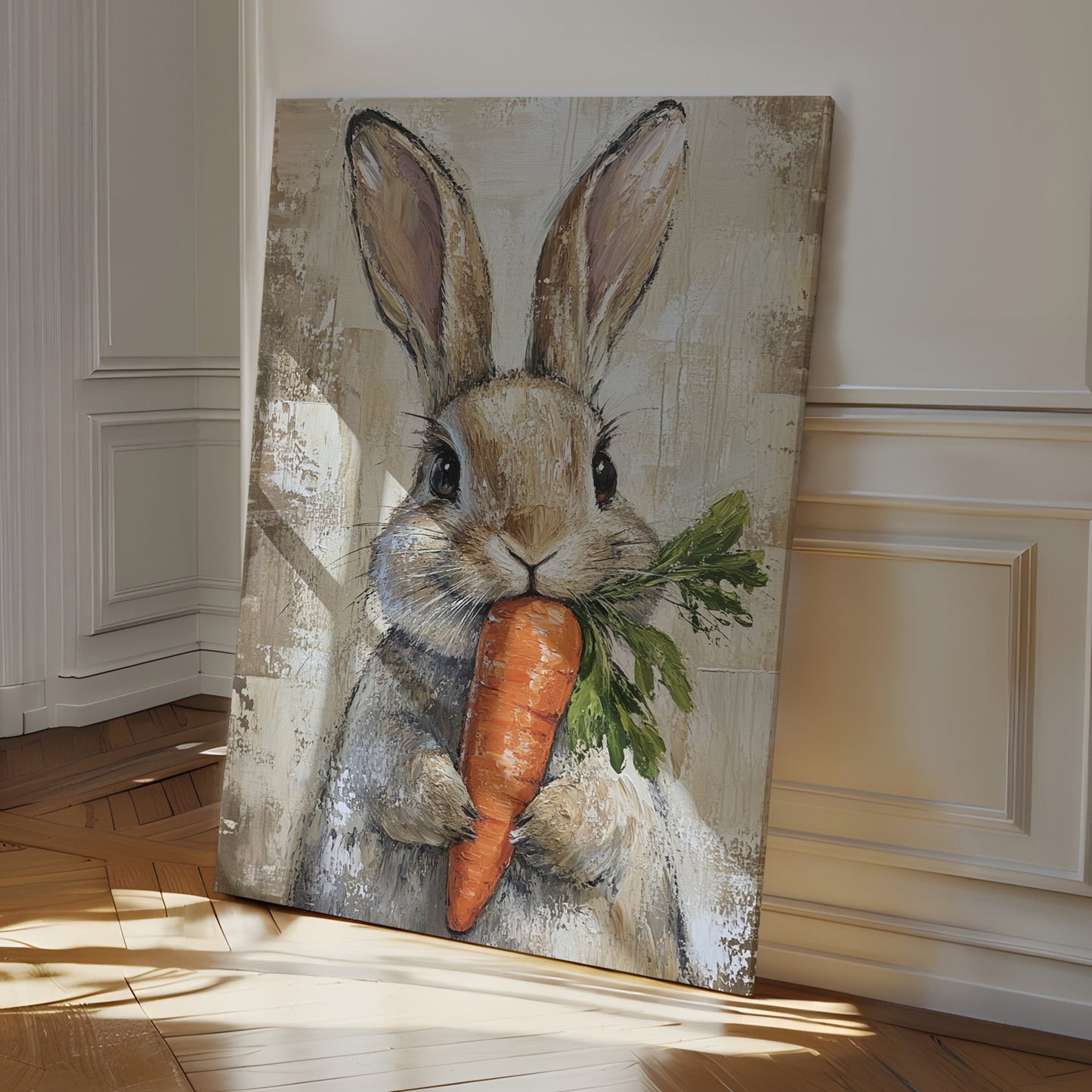 Adorable Bunny with Carrot – Rustic Farmhouse Animal Wall Art Print