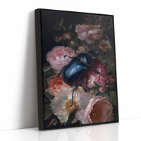 Sapphire Beetle Among Blushing Peonies