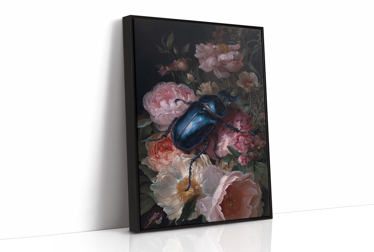 Sapphire Beetle Among Blushing Peonies