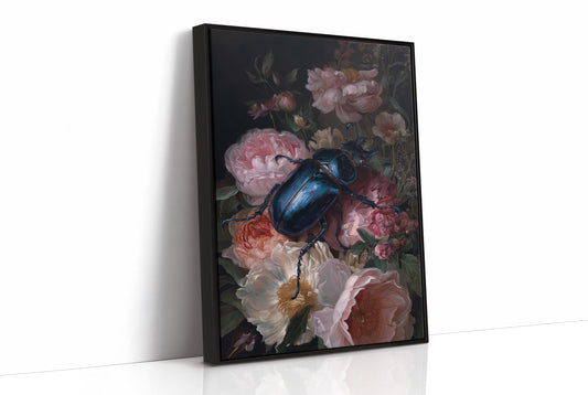 Sapphire Beetle Among Blushing Peonies