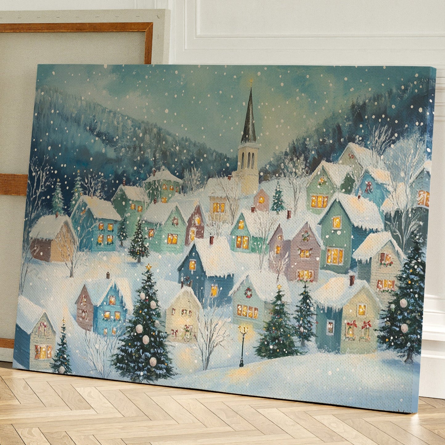 Snow Falls On Candlelit Village Windows