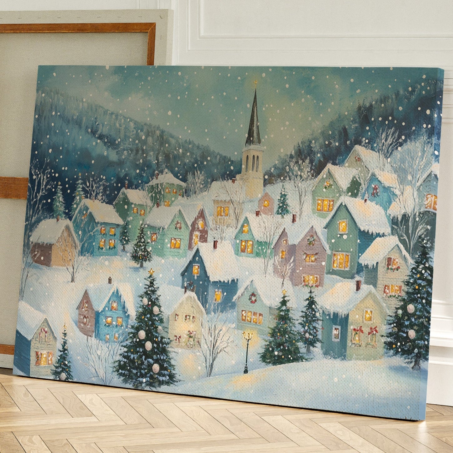 Snow Falls On Candlelit Village Windows