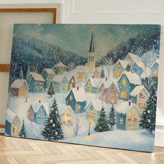 Snow Falls On Candlelit Village Windows