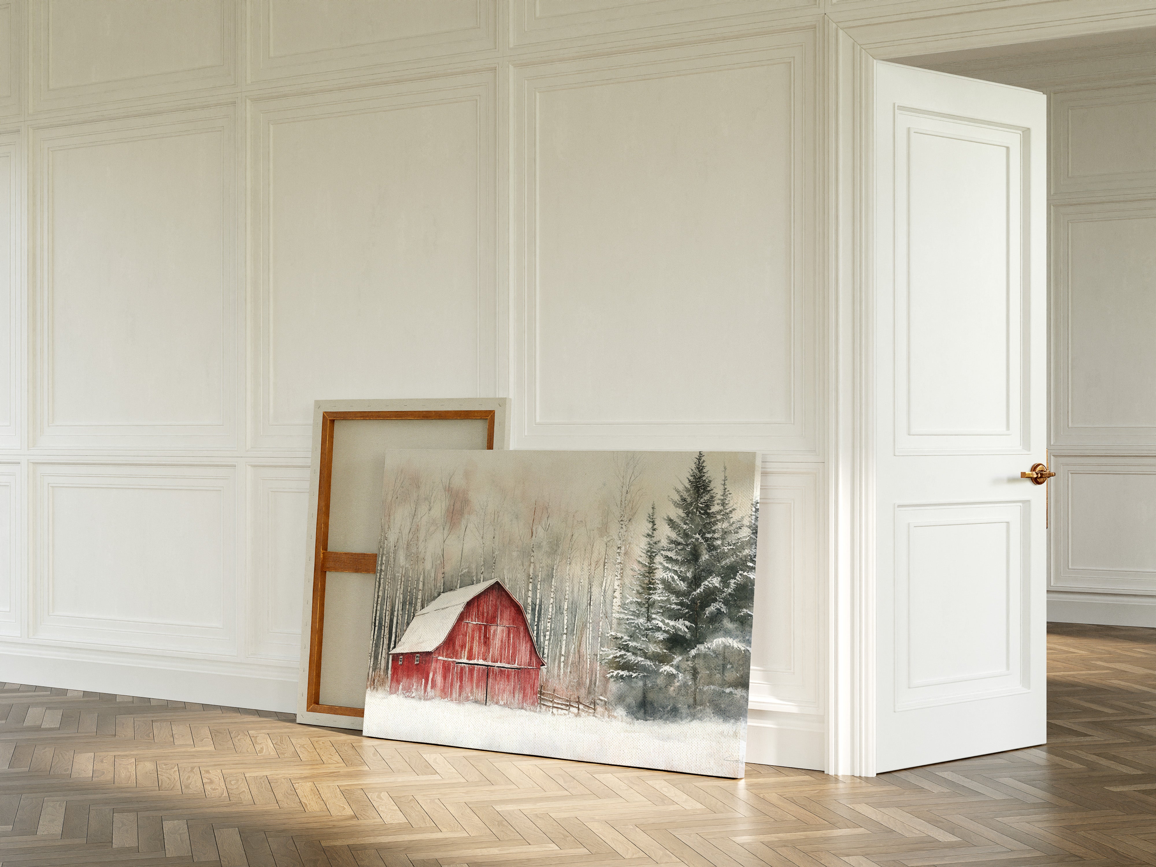 Red Barn Sleeps Among Winter Birch