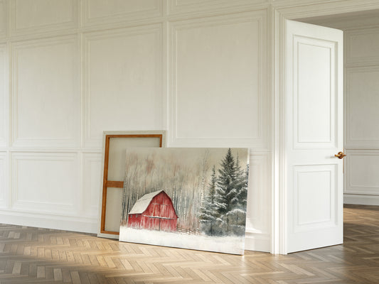 Red Barn Sleeps Among Winter Birch