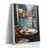 Cozy Rainy Cafe Scene – Atmospheric Coffee Shop Window Wall Art