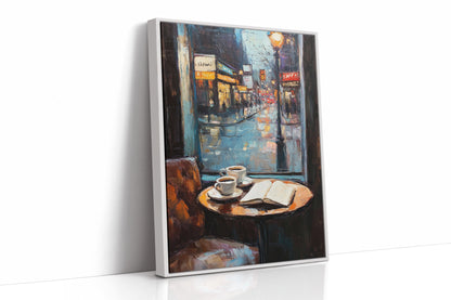 Cozy Rainy Cafe Scene – Atmospheric Coffee Shop Window Wall Art