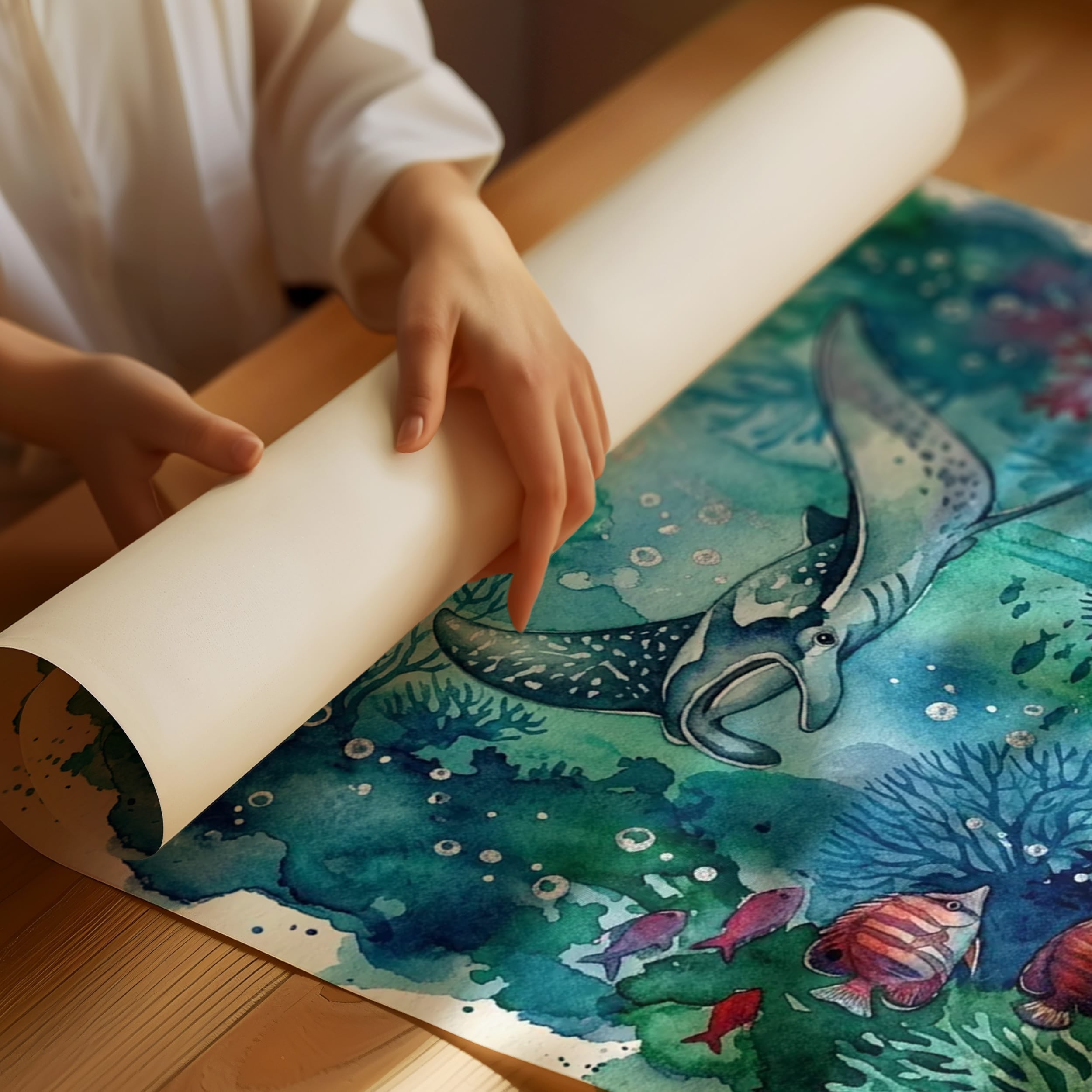 Silent Glide: Watercolor Manta Ray Reef Scene