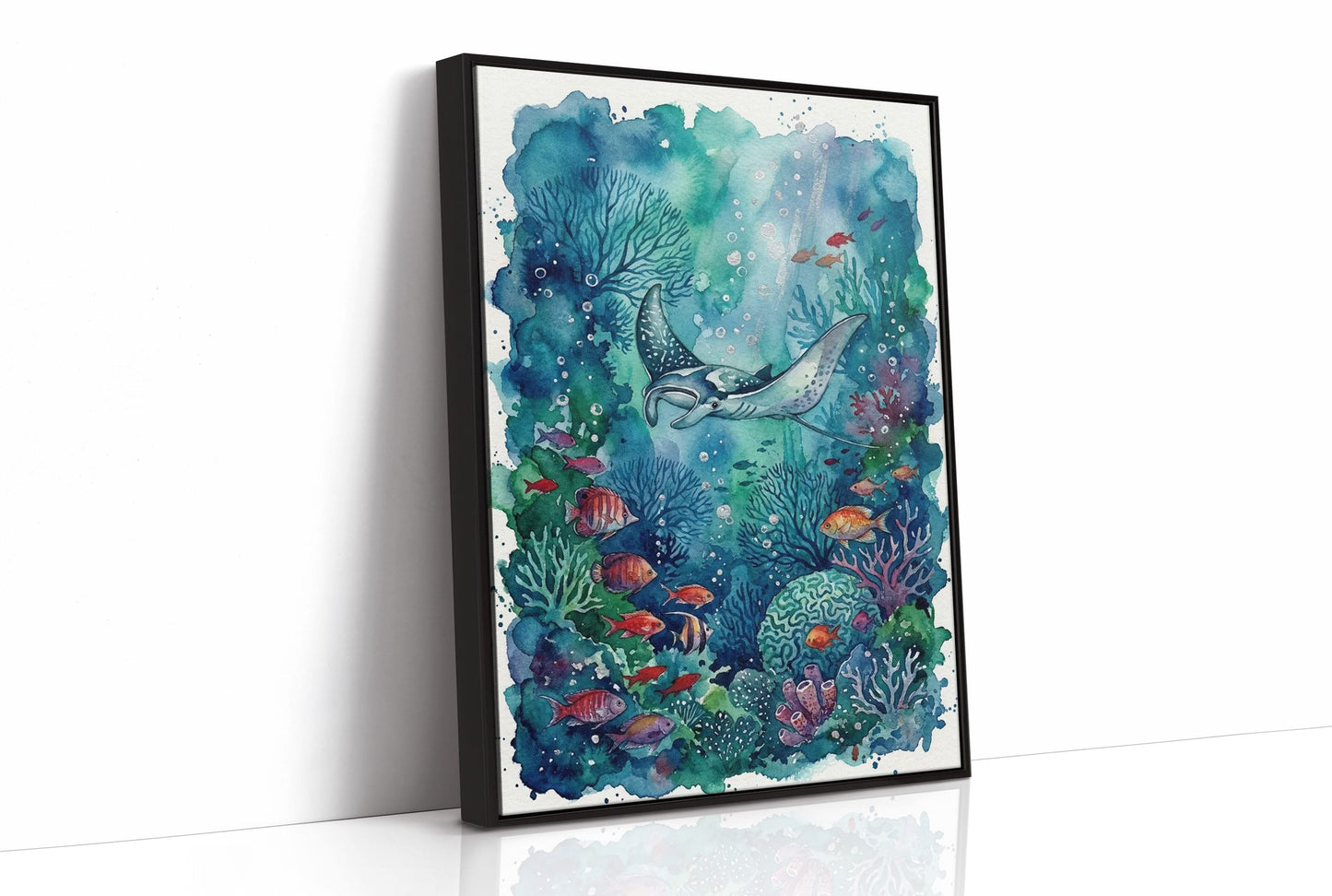 Silent Glide: Watercolor Manta Ray Reef Scene