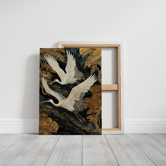 Cranes Dance Through Golden Ginkgo