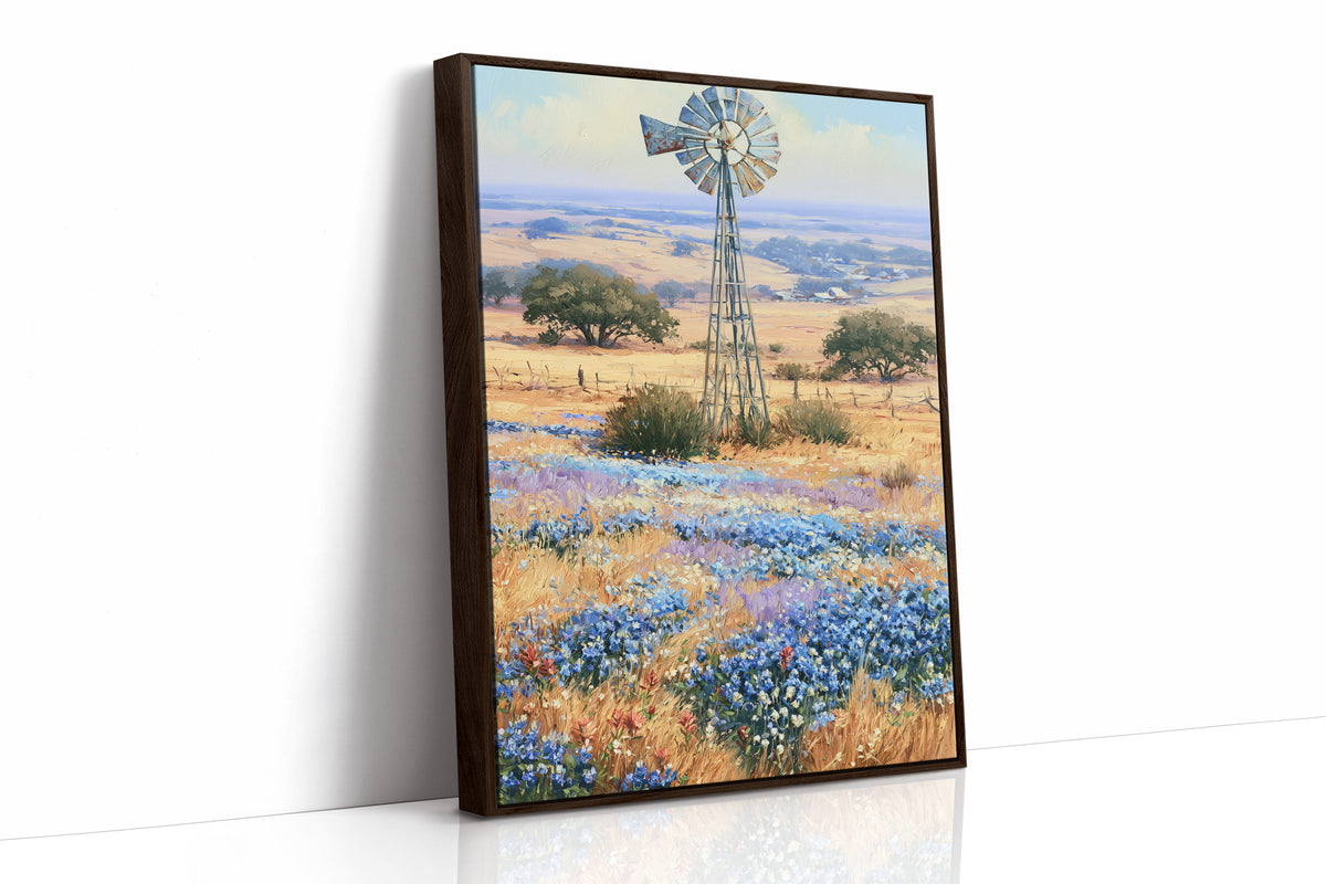 Windmill and Bluebonnets — Texas Hill Country Oil Print
