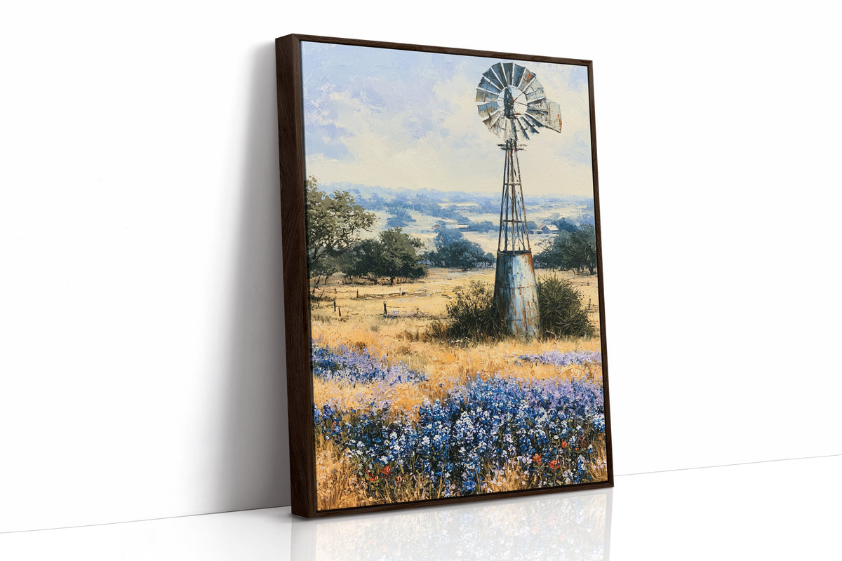 Windmill and Bluebonnets — Midday Hill Country Oil Print