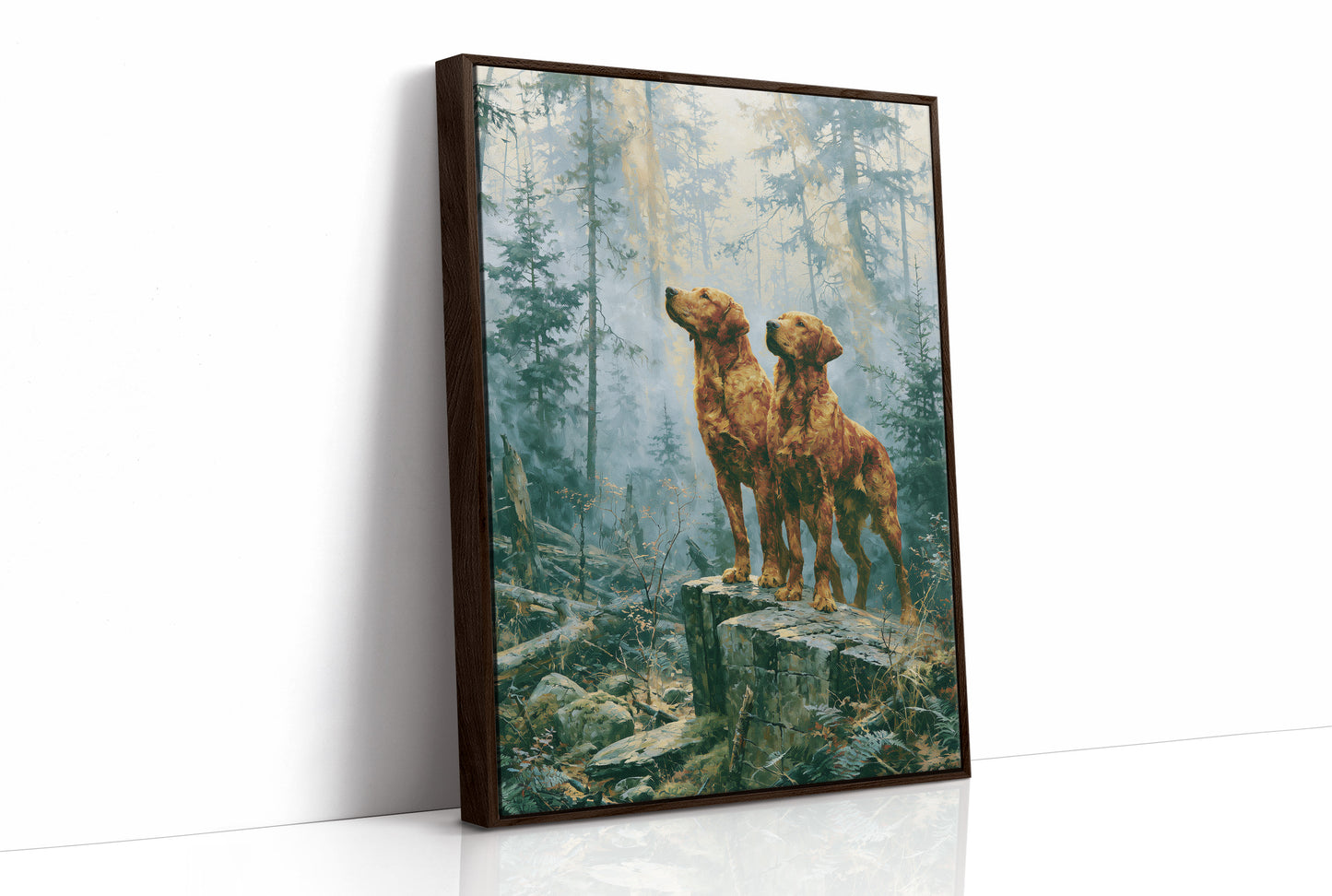 Retrievers Gazing Skyward in the Blue Forest