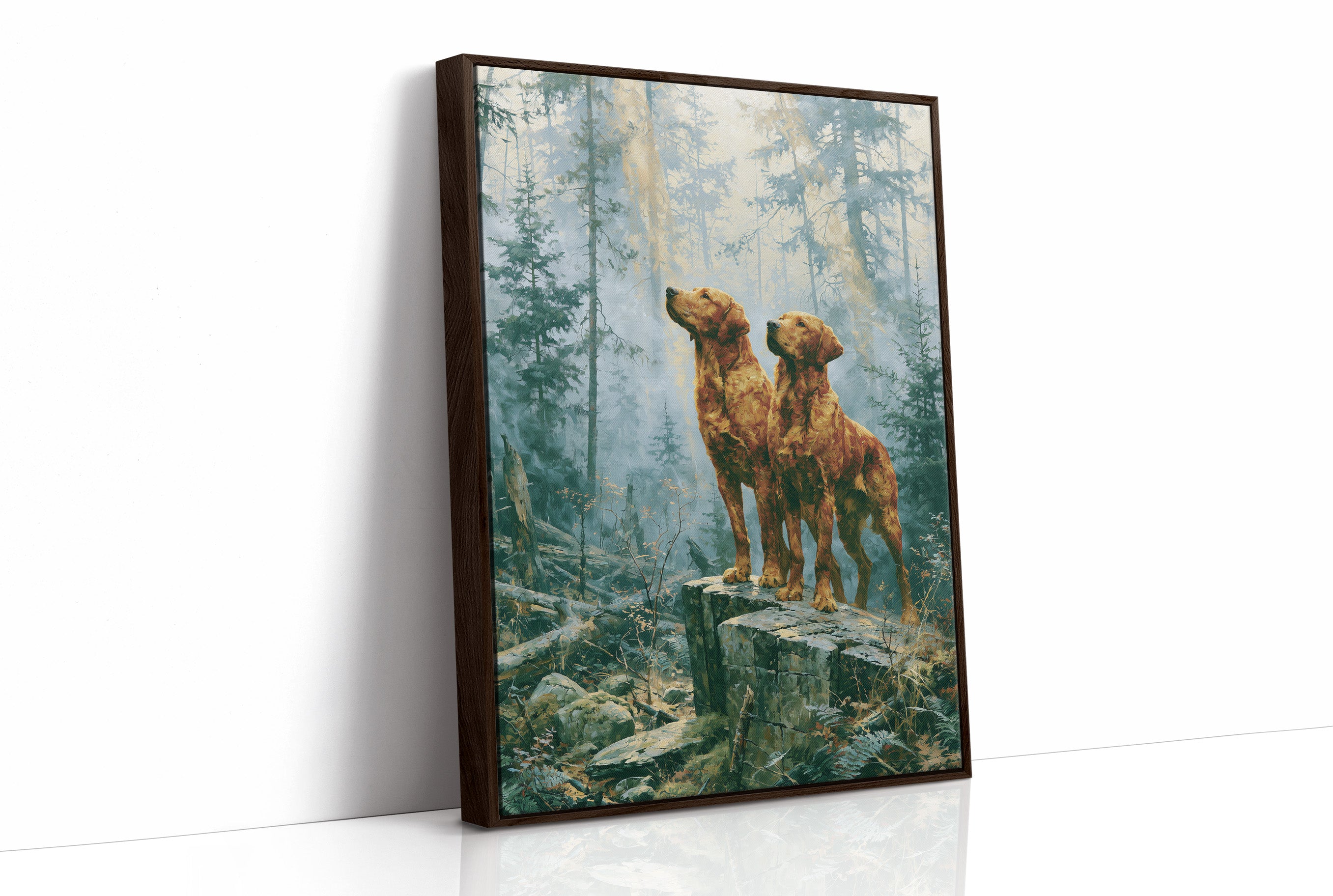 Retrievers Gazing Skyward in the Blue Forest
