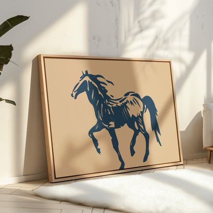 Wild Horse Silhouette Art – Western Mustang Wall Decor in Navy & Beige