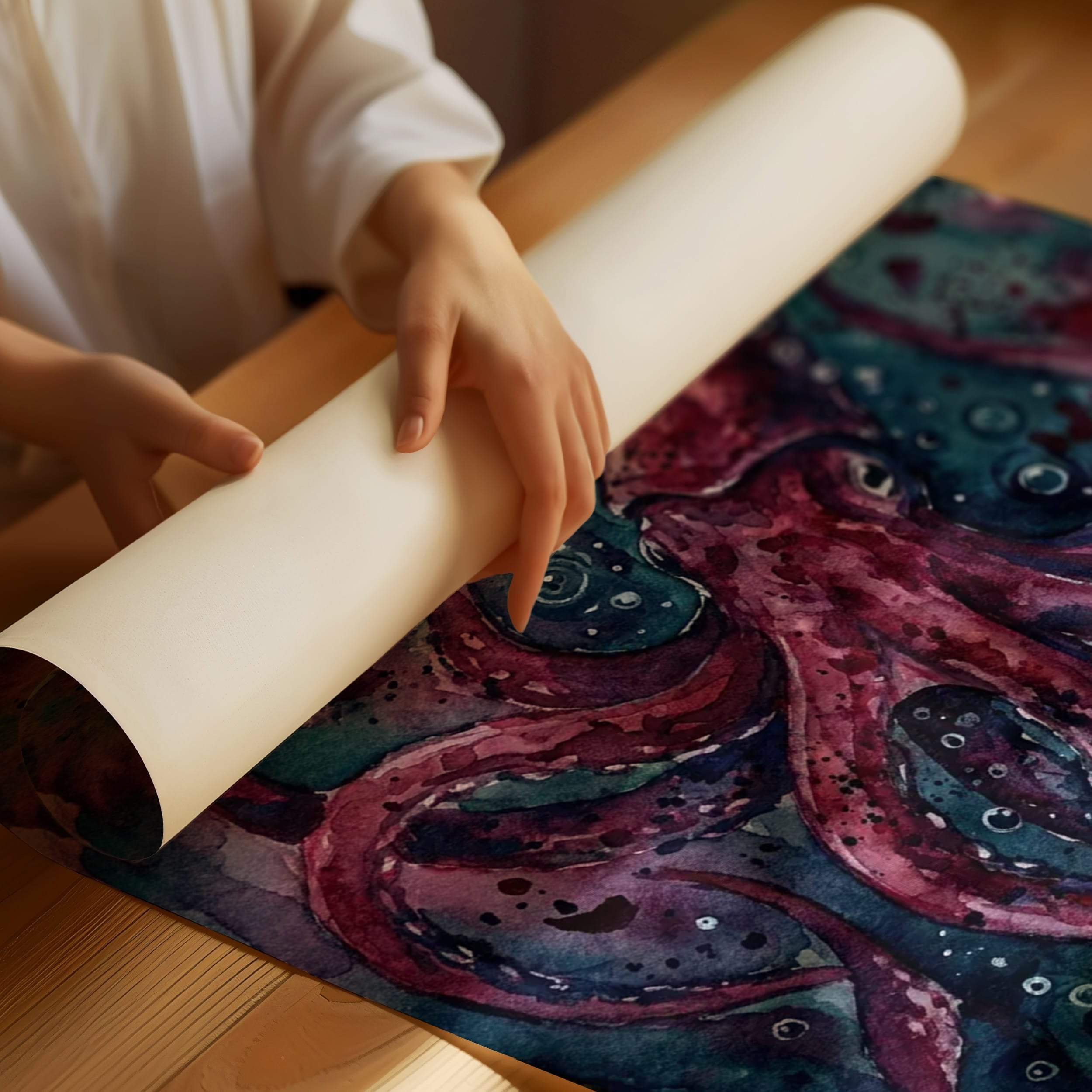 Crimson Depths: Watercolor Giant Squid Study