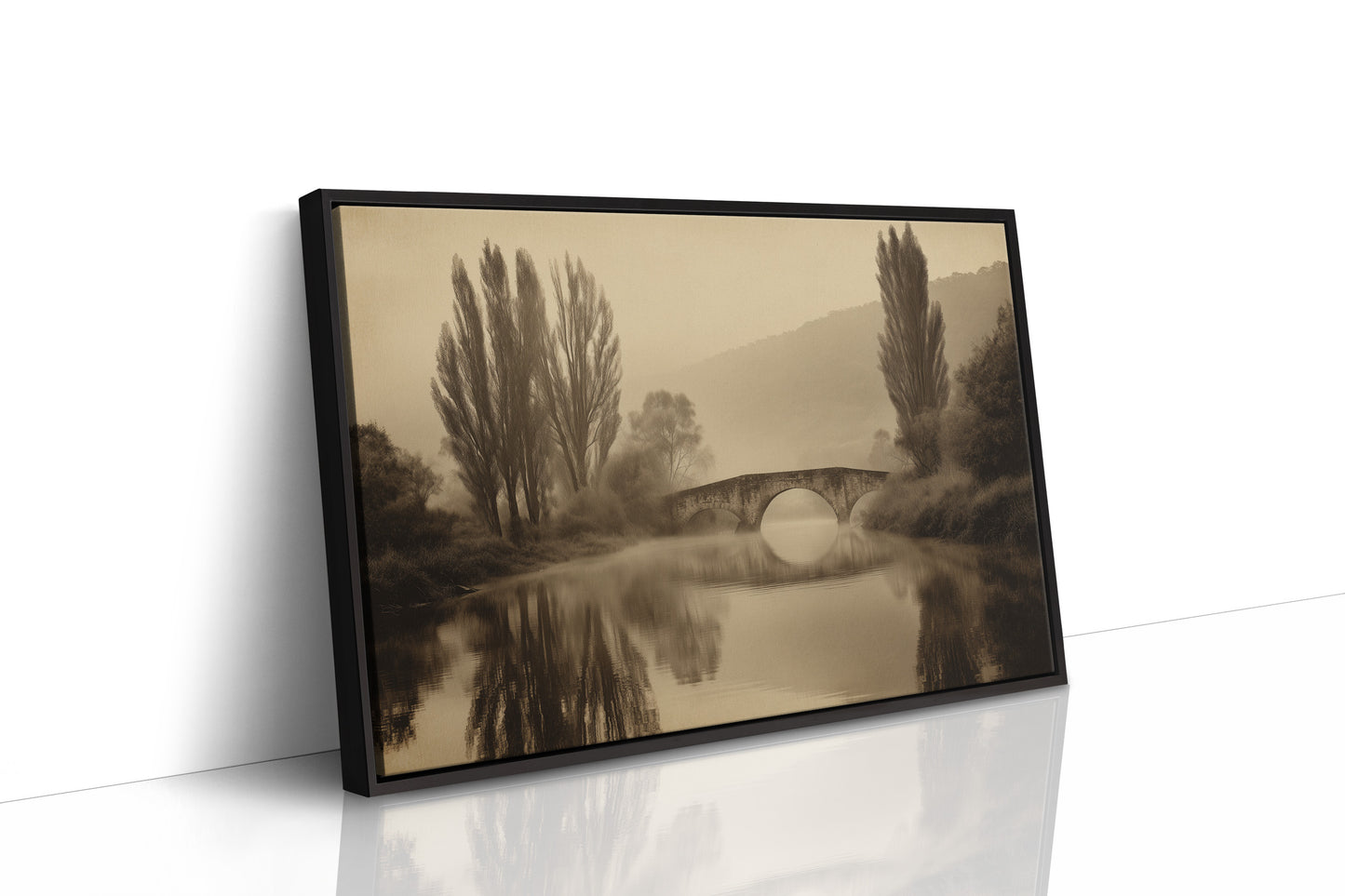 Foggy Bridge Among Tall Poplars